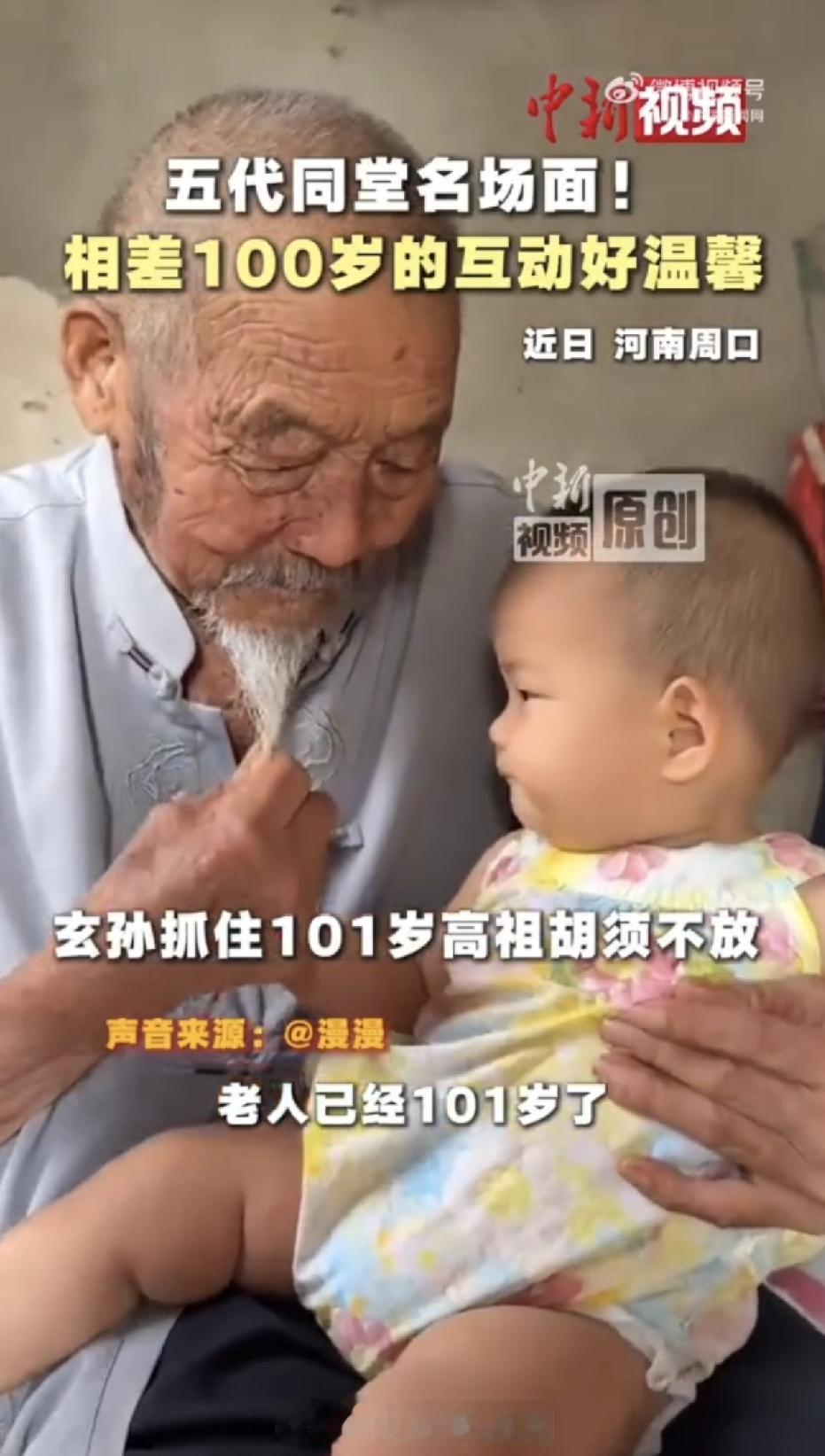 河南周口，101岁高祖被8个月大的玄孙死死拽住胡须不放，换作一般人，早就疼得龇牙