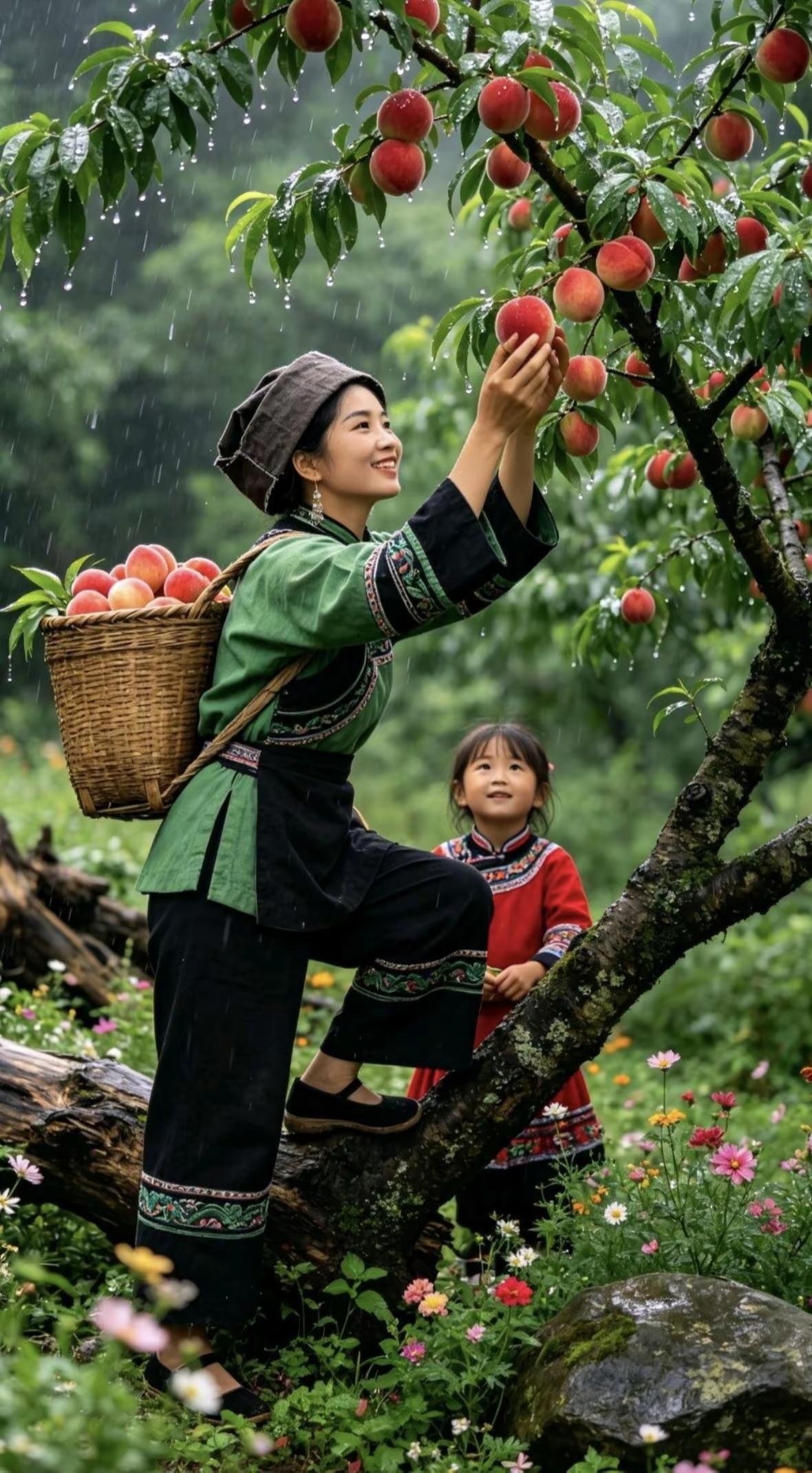 捣练子·园摘鲜桃收碧果，小娃瞧，心知桃实可换钞。盼得零食添玩具，满心欢喜