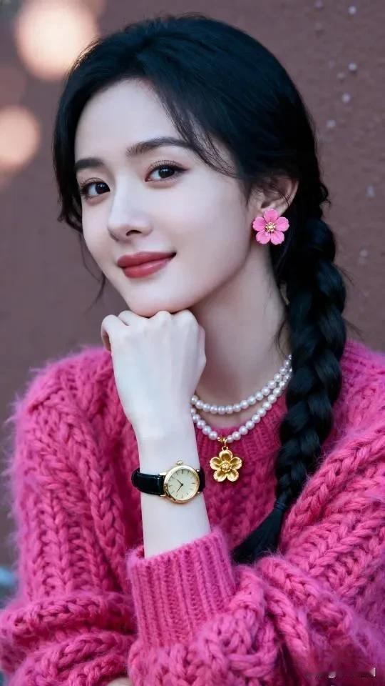 🎀玫红毛衣配麻花辫，花朵耳饰叠戴珍珠项链，在暖棕背景下，把甜酷少女感拉得满满