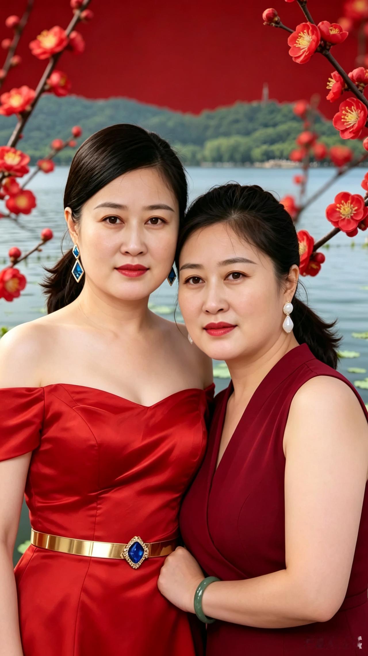 红衣姐妹并肩立，一颗真心共朝夕红梅衬影锦衣红，气韵端庄眉眼浓。宝饰垂耳添雅致