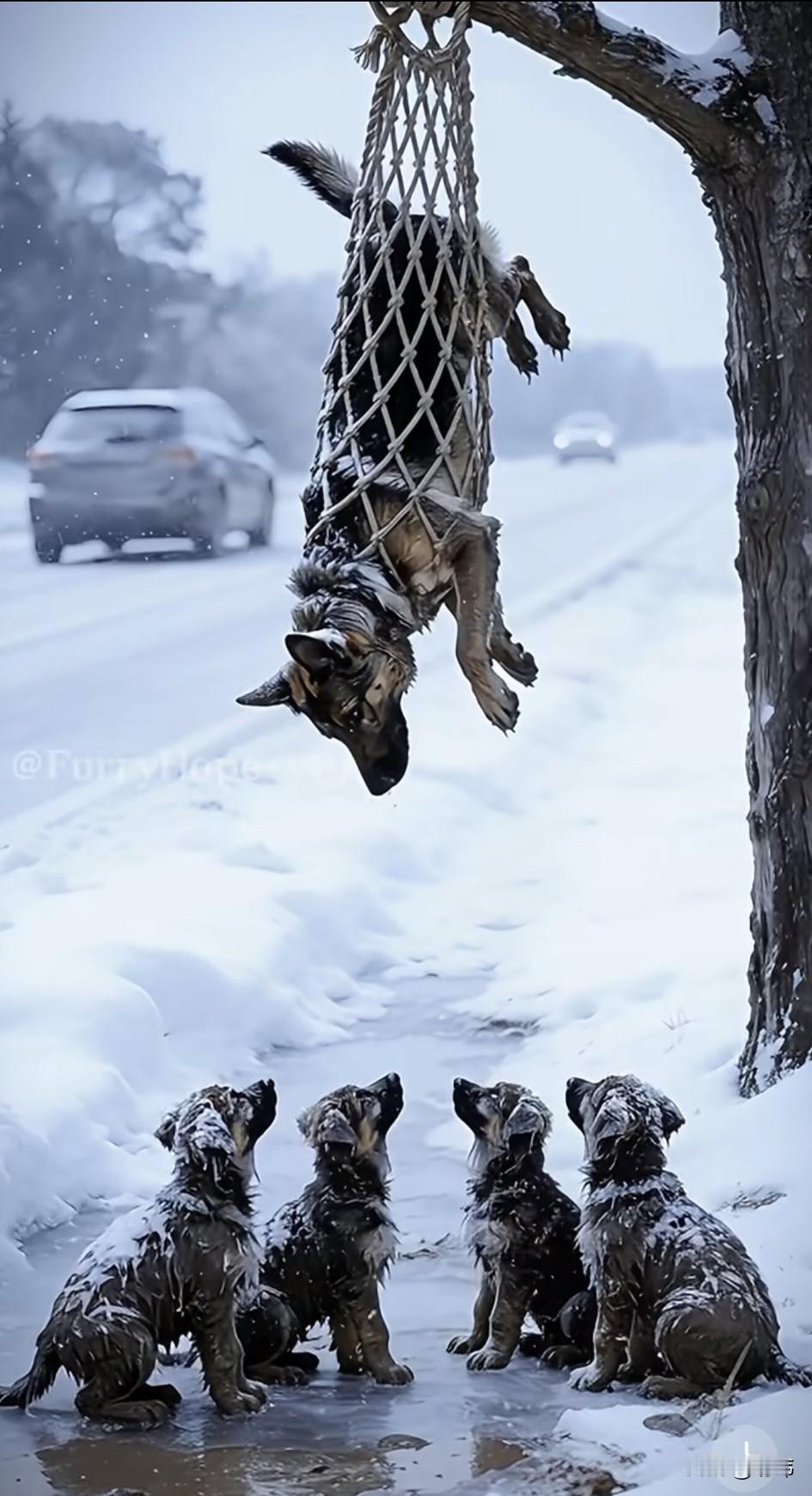 泪目了！接连几天的暴雪，到处都是白雪皑皑，千里冰封。一只可怜的狗妈妈居然被主人吊