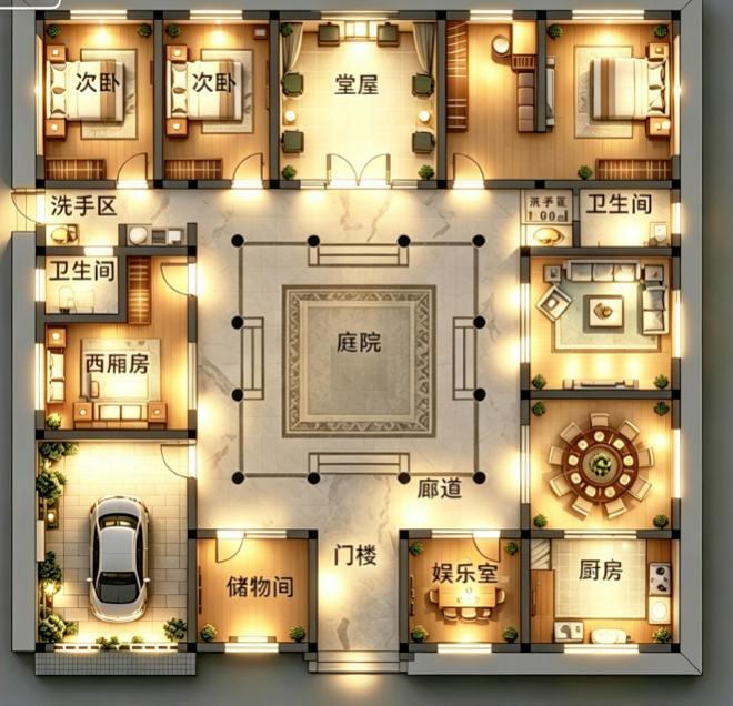 带车库的三合院，才有了灵魂。自建房农村自建别墅别墅设计自建房农村