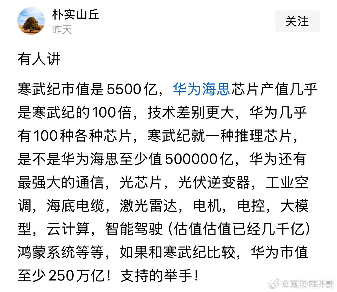 网友对华为市值和寒武纪市值的认知！非常理性！​​​