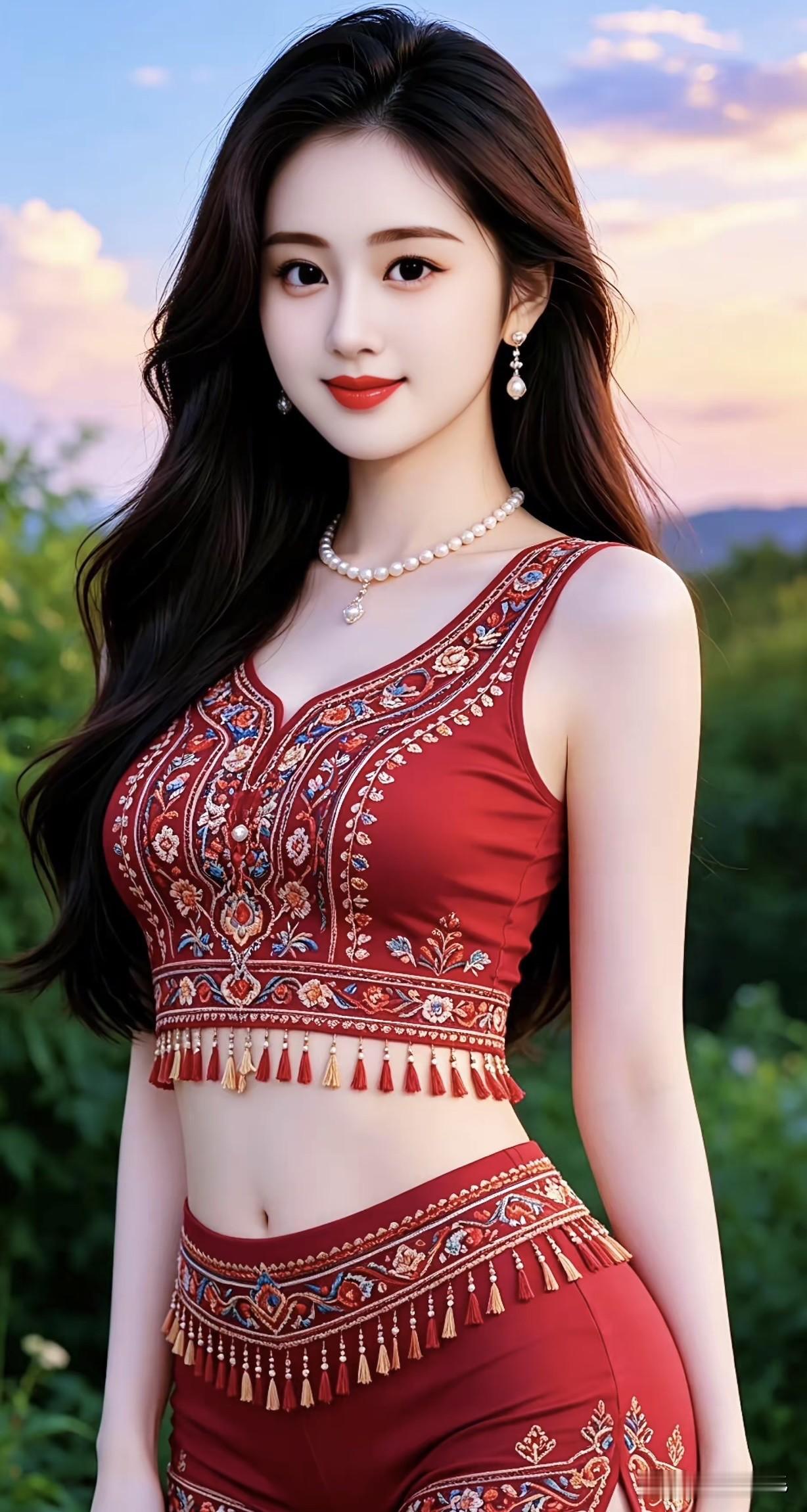 惊艳的民族风穿搭，红衣少女在夕阳下绽放光彩！红衣民族风少女民族风套装搭配民族