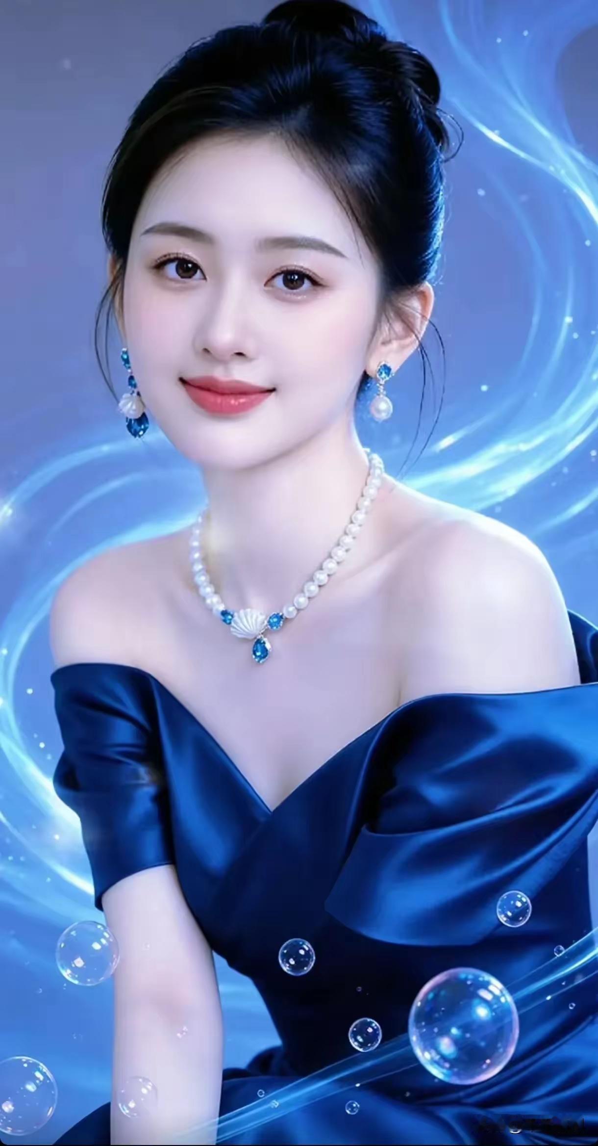 这位美女穿着蓝色礼服，优雅动人。