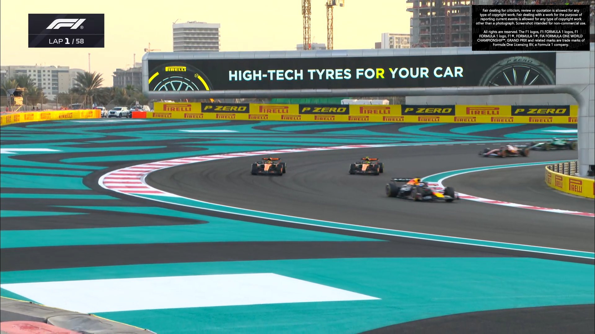 f1比赛第一圈，皮亚斯特里从外线超掉了诺里斯，来到P2！2025f1阿布扎比大