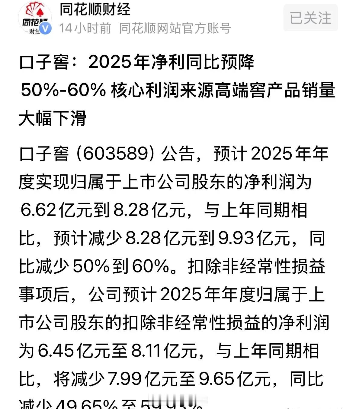 白酒行业首家业绩预告出炉，口子窖同比净利润同比下滑50%-60%，而其四季度净利