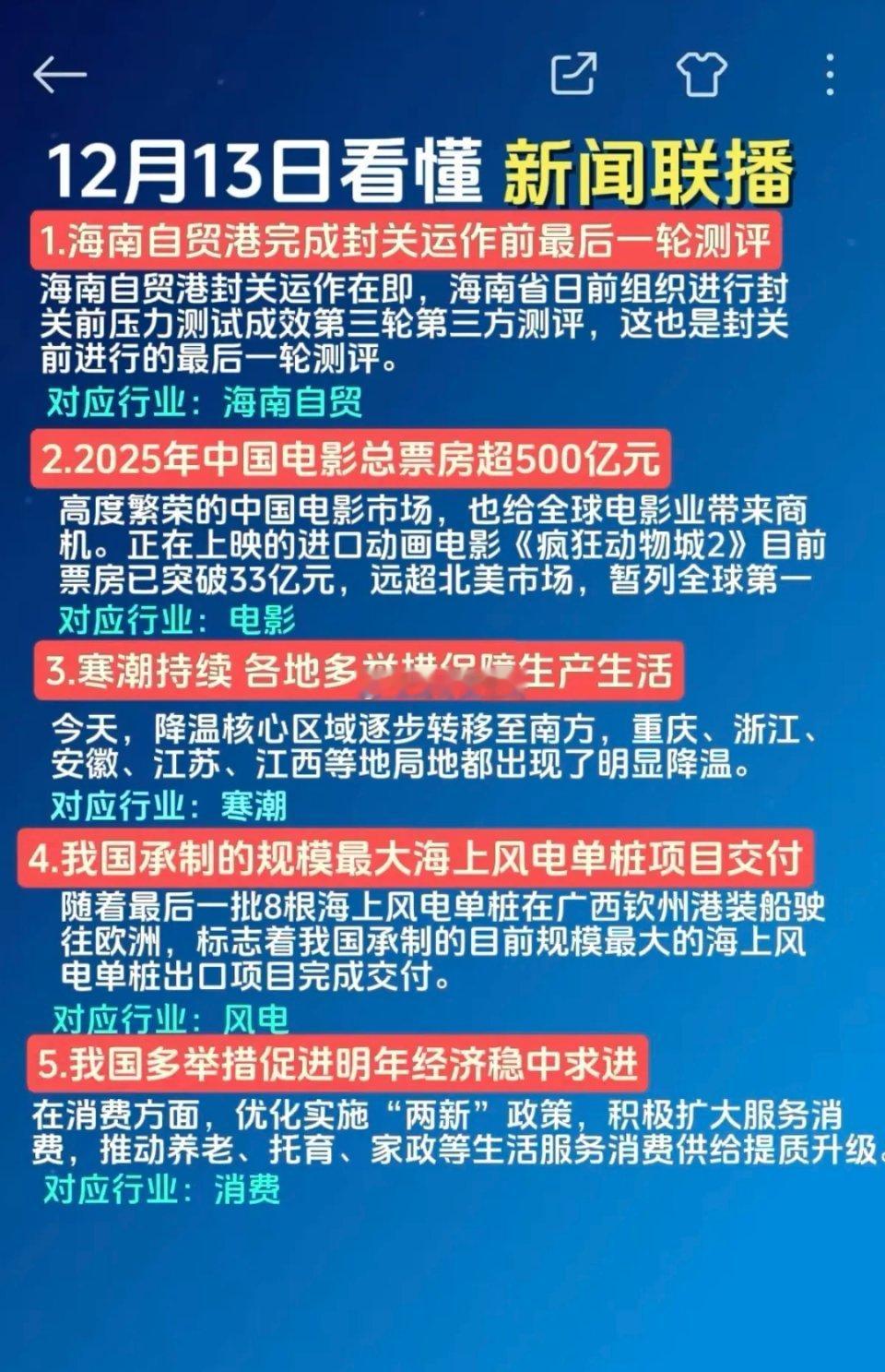 12月14日新闻联播里的投资机会！1.海南自贸2.电影3.寒潮4.风电5.消