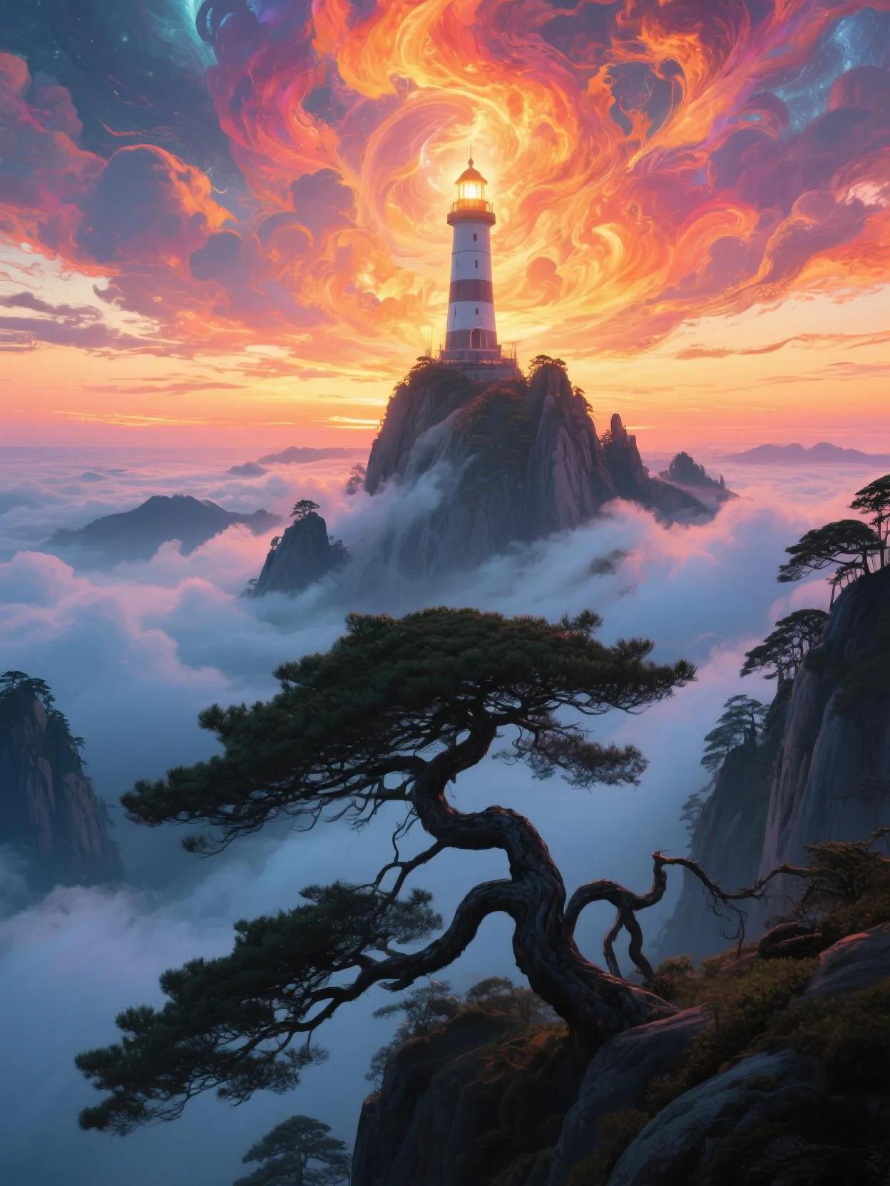 黄山日暮，光明顶如灯塔闪耀，云海翻涌似火，奇松傲立，尽显天地苍茫。黄山的云雾黄