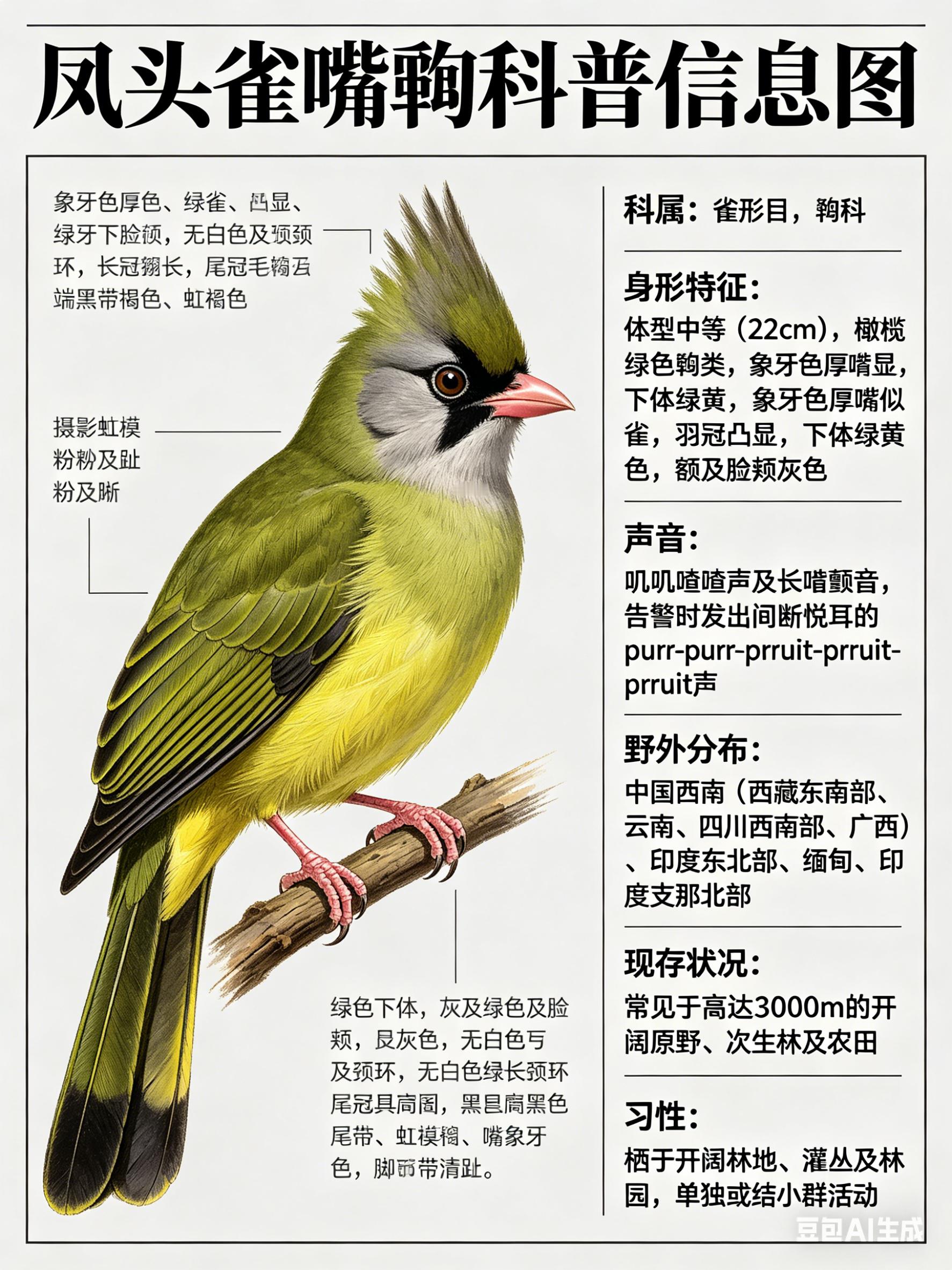 鸟类朋友图鉴凤头雀嘴鹎·科属：雀形目，鹎科。·外形特征：体型中等（22cm）而