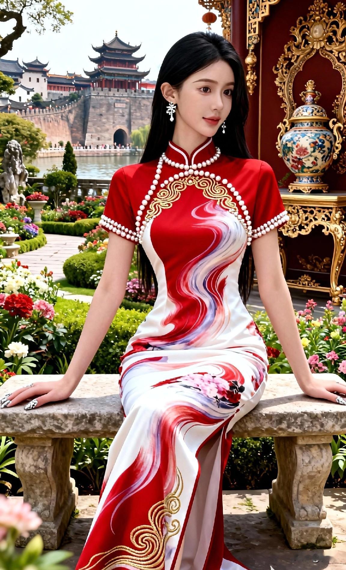 红色旗袍美人，置身古风园林，韵味十足