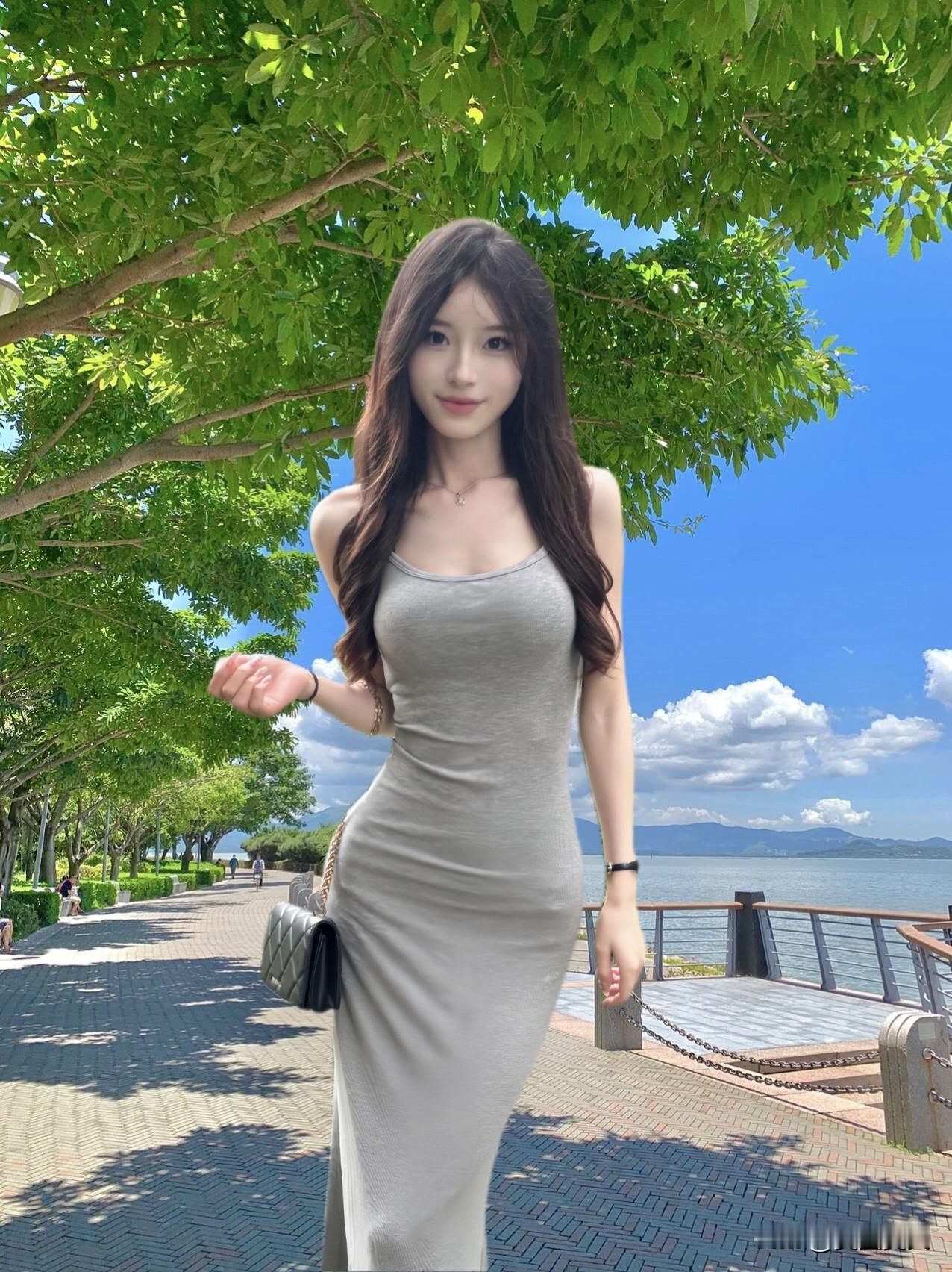 海边漫步，清新连衣裙与碧海蓝天相映成趣。