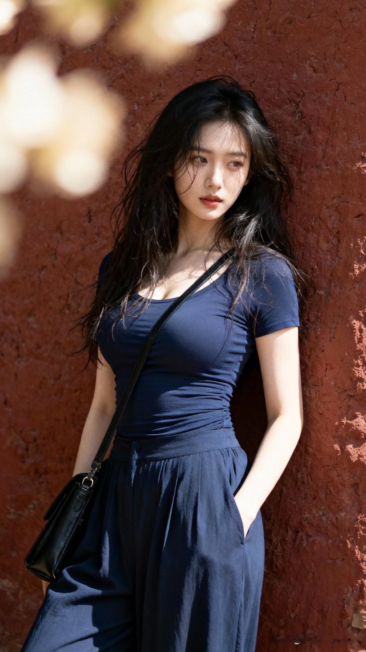 红墙映影间，蓝衣美人倚。分享唯美照片夏日穿搭指南深蓝色连衣裙搭配黑色小包，简