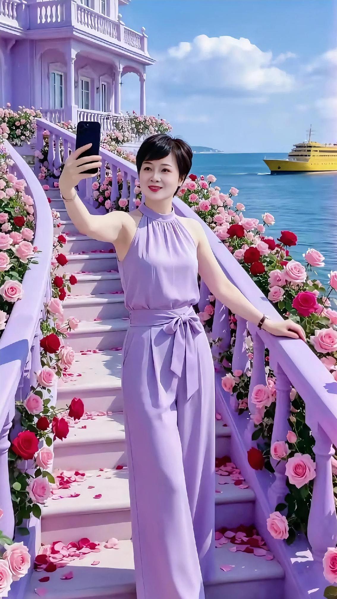 海风漫过开满玫瑰的阶梯，紫色套装温柔又大气，把夏日的浪漫尽数收藏。迎着澄澈蓝天与