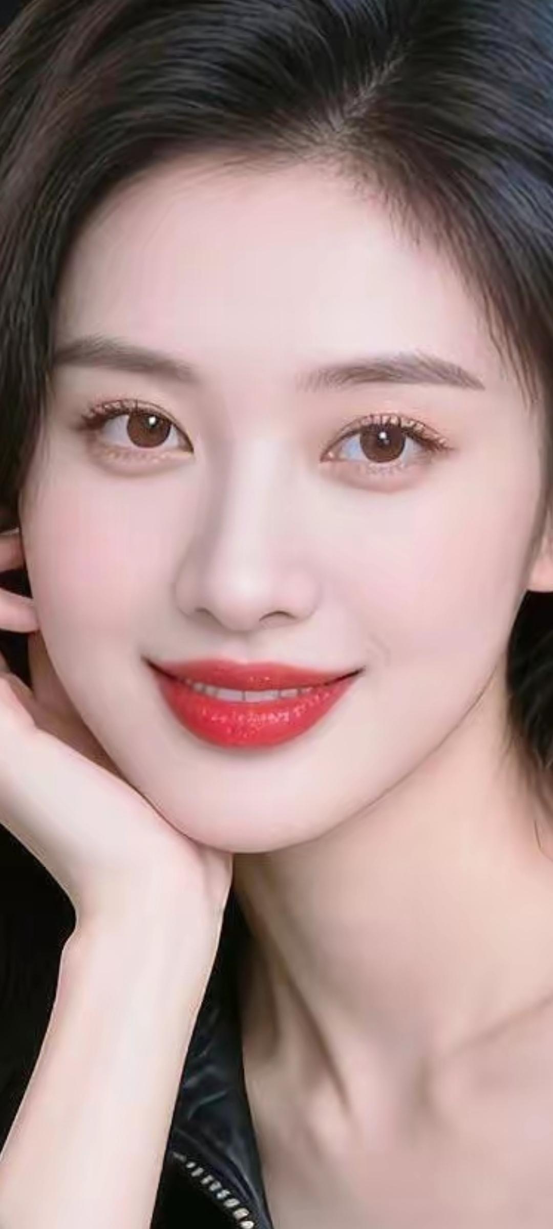 甜美笑容，红唇诱惑，黑发迷人，时尚穿搭，气质出众