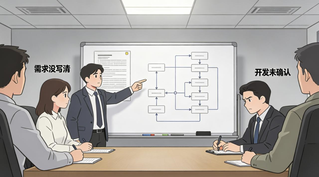 公司出了纰漏，老板开会追责。项目经理说是产品的问题，产品说是开发没实现，开发说