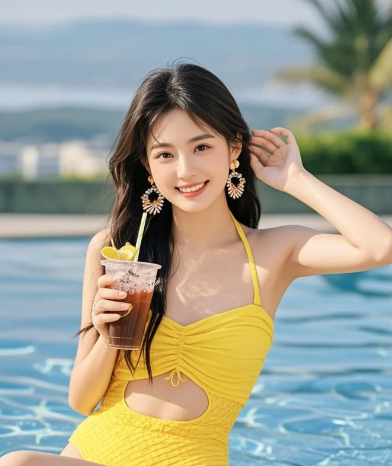 泳池畔倩影摇曳，如诗如画映水光