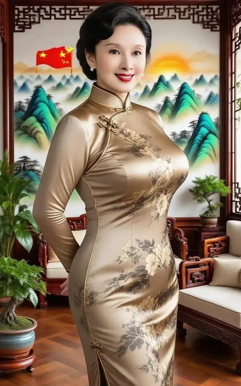 香槟金提花旗袍最近刷屏，抖音里全是姑娘在园林里转圈，裙摆一甩，阳光落在金线上，像