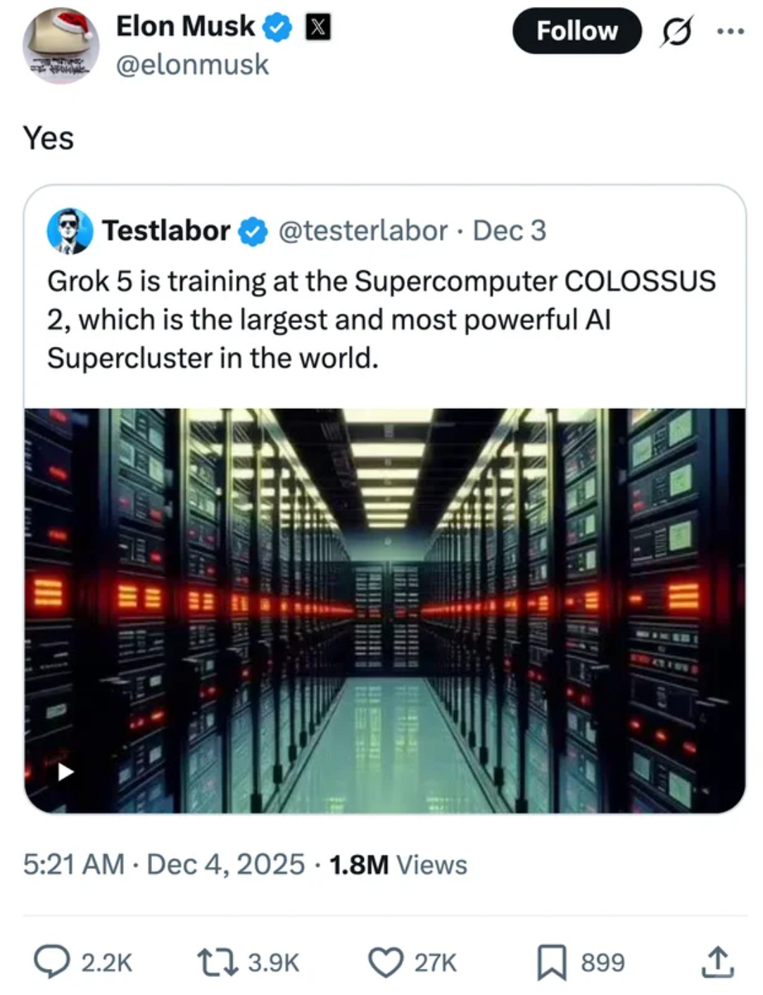 马斯克刚刚确认，Grok5正在COLOSSUS2上训练，这是目前地球上最大最