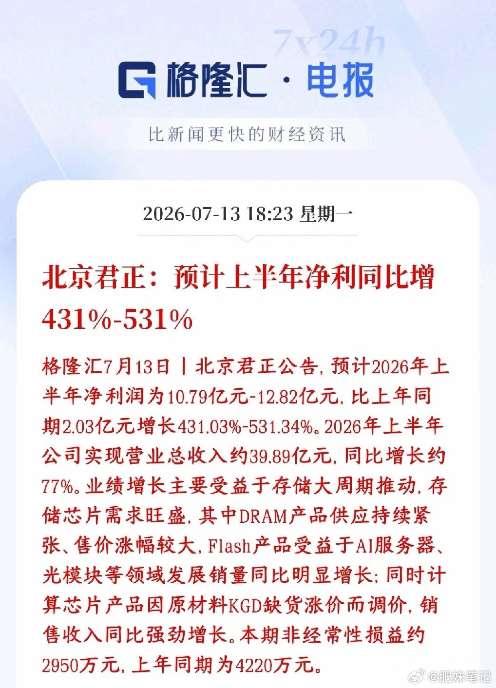北京君正2026上半年净利预10.79-12.82亿，同比增4-5倍，营收同比涨