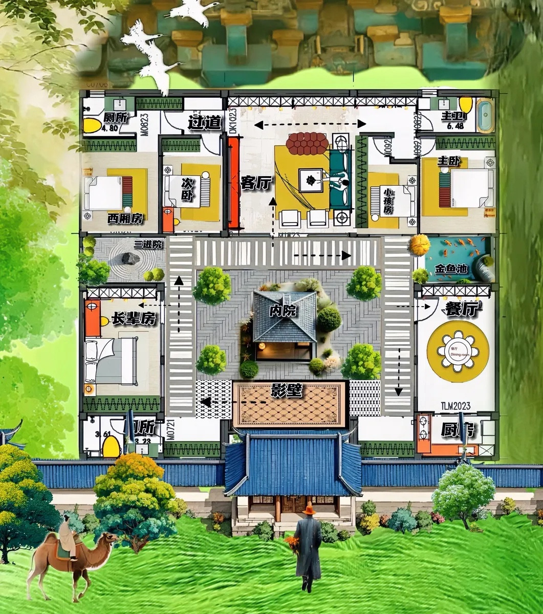 438㎡自建房动线太敢想，小横厅做“道场”，枯山水当“窗景”！