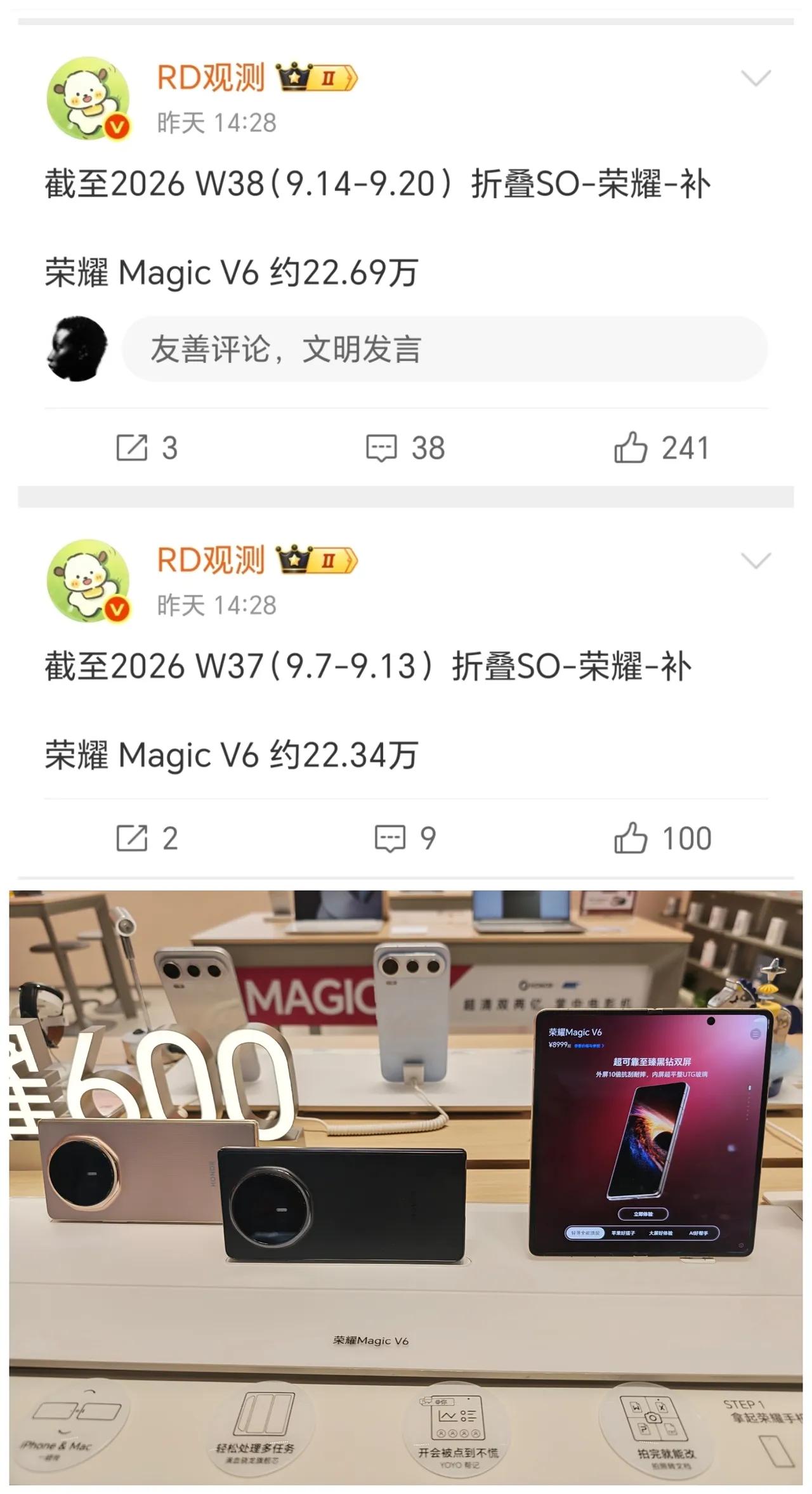 数码圈大佬爆料！荣耀MagicV6这销量，有点猛啊！截至第38周，这台大折叠