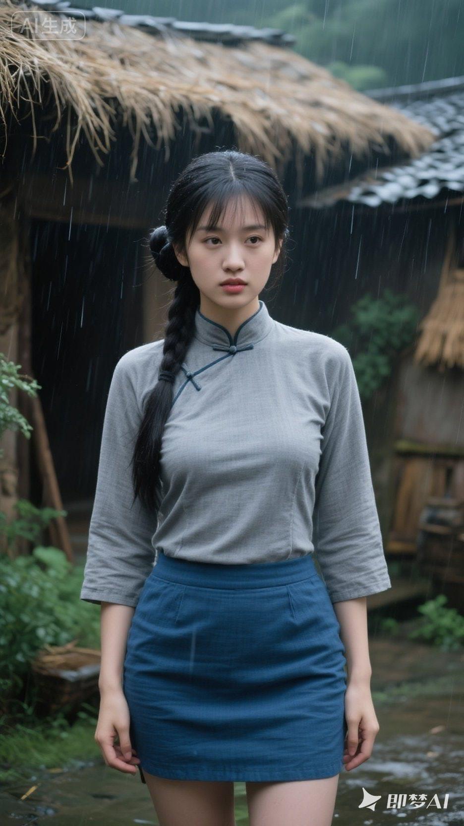 雨中少女立，古韵入画来。