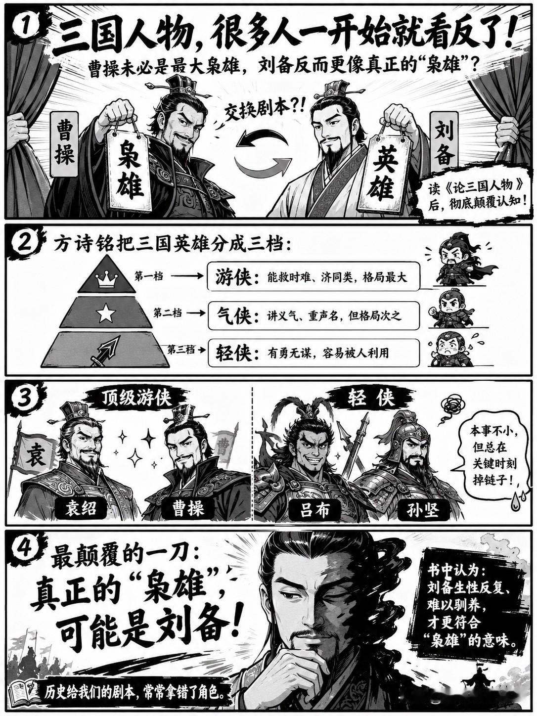 我一直以为曹操是枭雄，刘备是英雄。直到读了《论三国人物》，才被彻底颠覆：原来历史