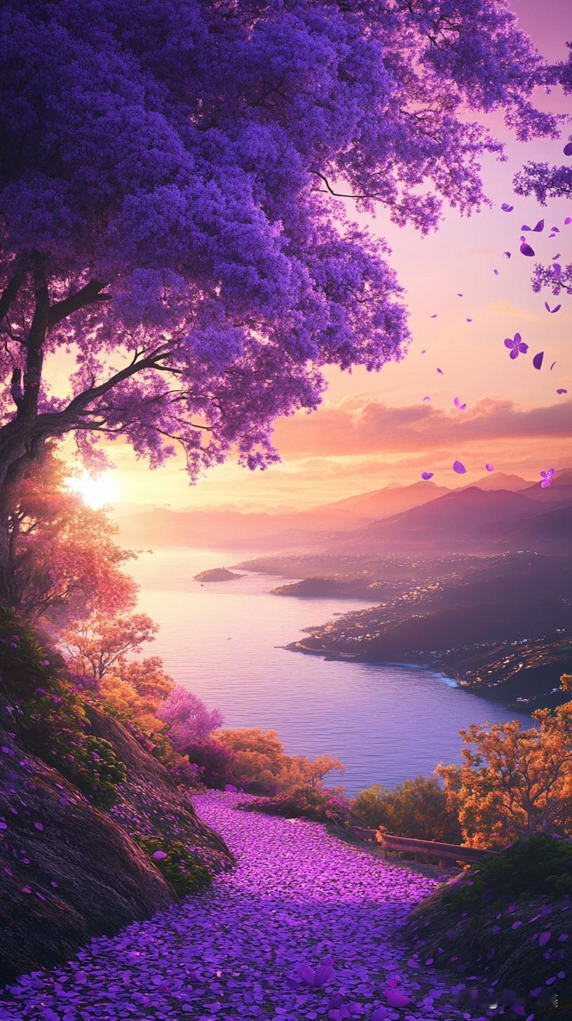 💜紫色秘境太绝了！漫山紫花树，花瓣铺满小径，夕阳下的山海像童话，一整个沦陷在这