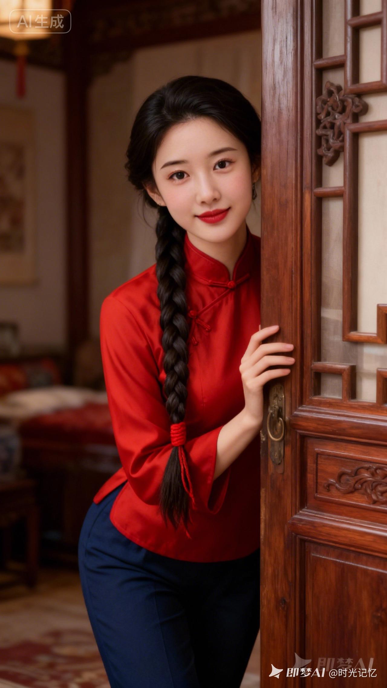 红衣少女倚门而立，古典韵味扑面而来💃🏻✨