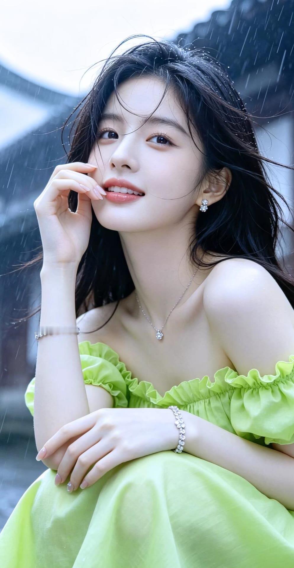 雨中美人，绿裙如玉。