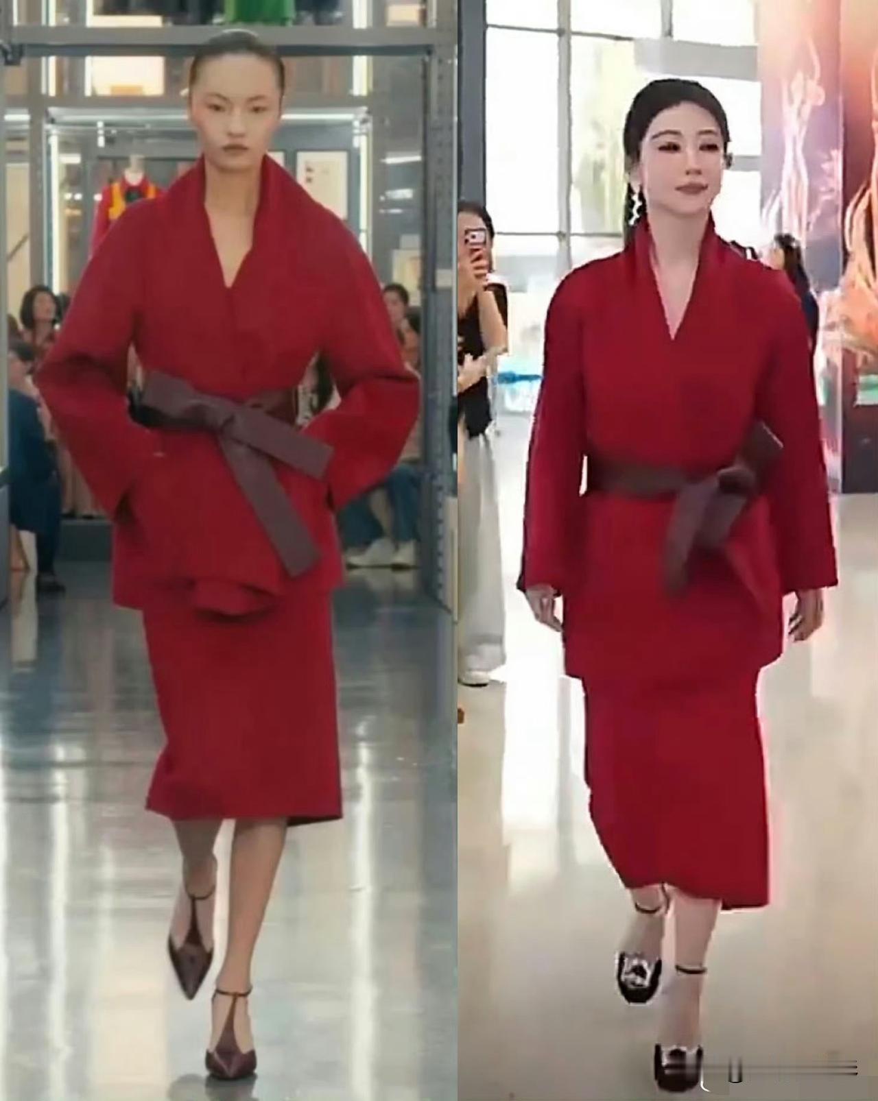 杨紫金鹰奖这套红套装和模特原图一对比，差距一目了然。模特上身利落舒展，自带高级时