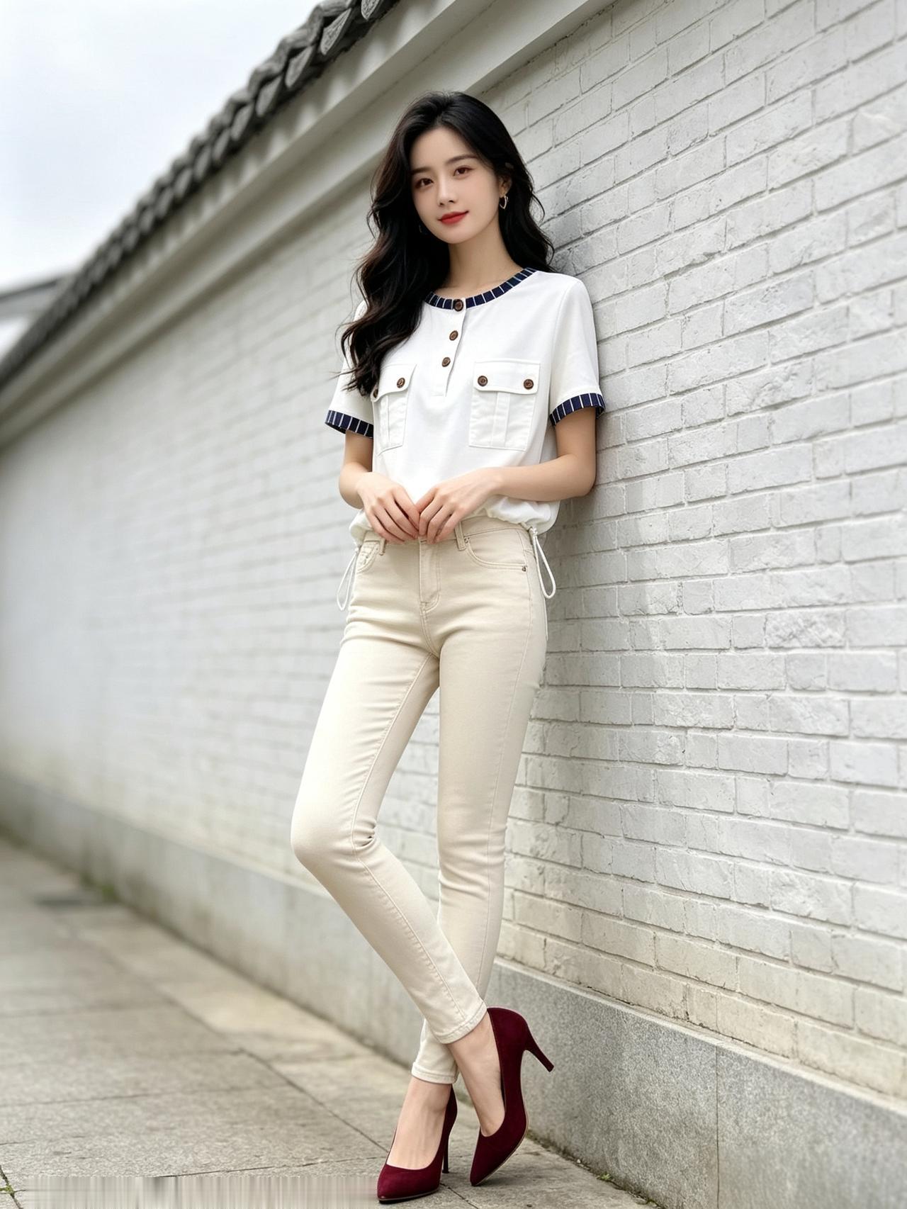 女孩子怎么穿搭既时尚又好看?法式复古风穿搭太绝啦！温柔白衫配米色牛仔裤，脚踩红