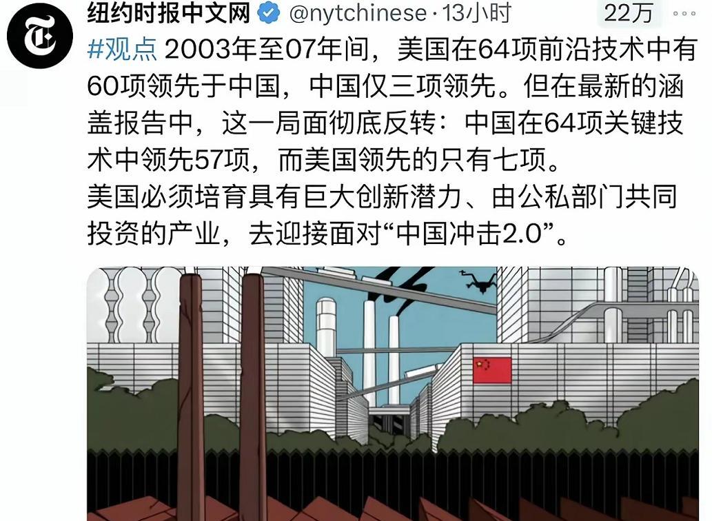 天塌了，《纽约时报》一篇报道中国科技领先美国的文章，竟然直接把一群大殖子、恨国党