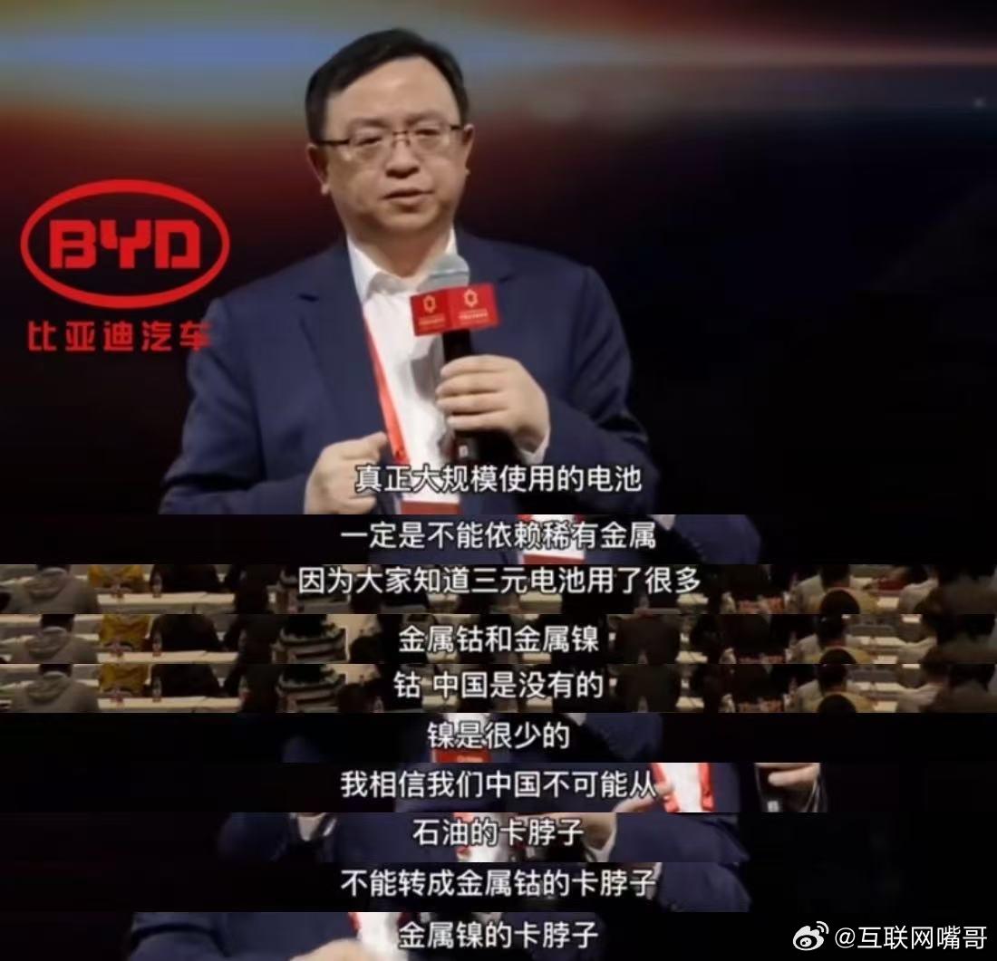 王传福称，真正能大规模普及的电池，绝对不能依赖稀有金属。三元锂用了大量钴、镍，可