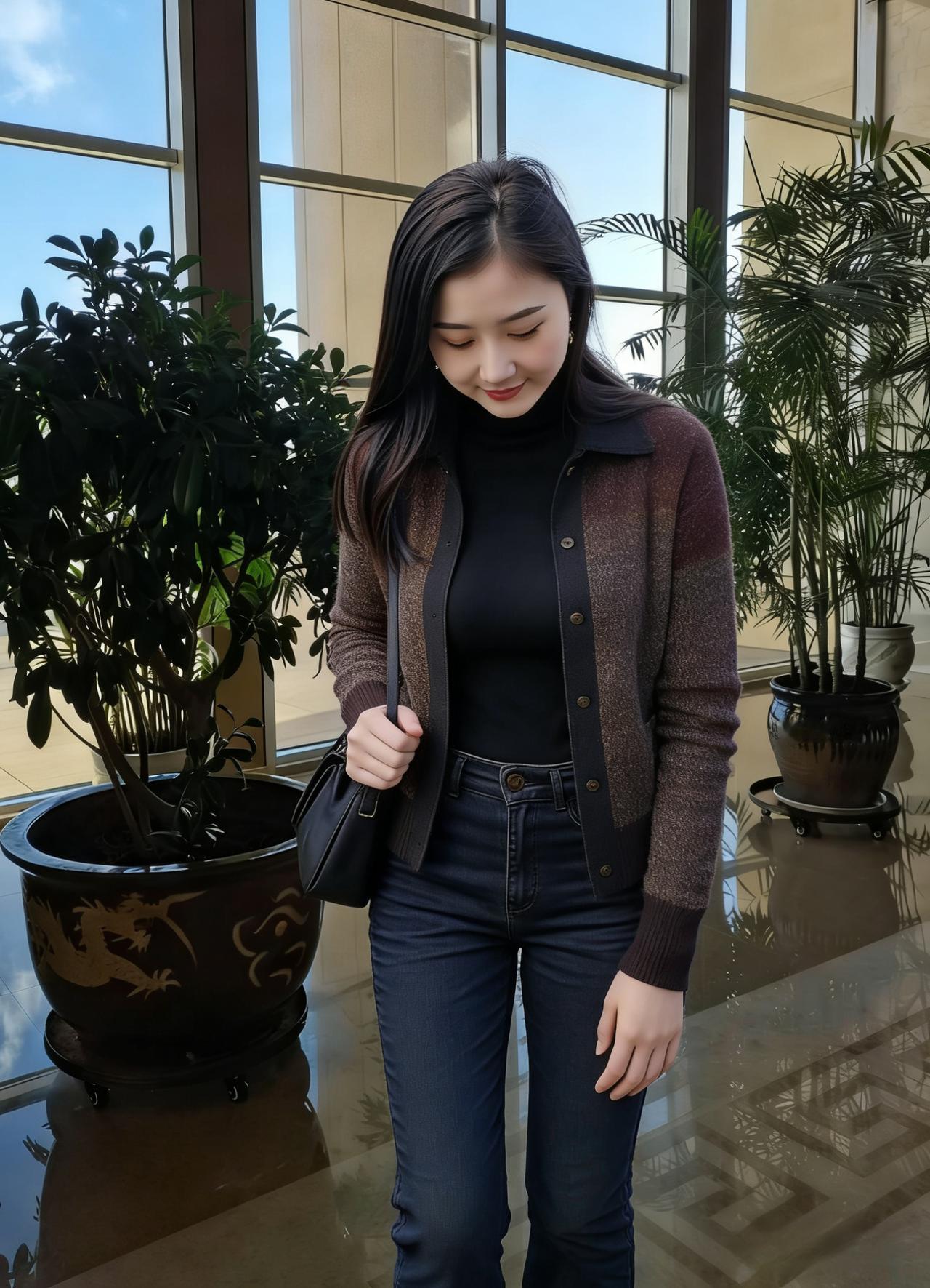 黛色凝春草，明妆映晴光。无端风拂袖，垂首芰荷香。