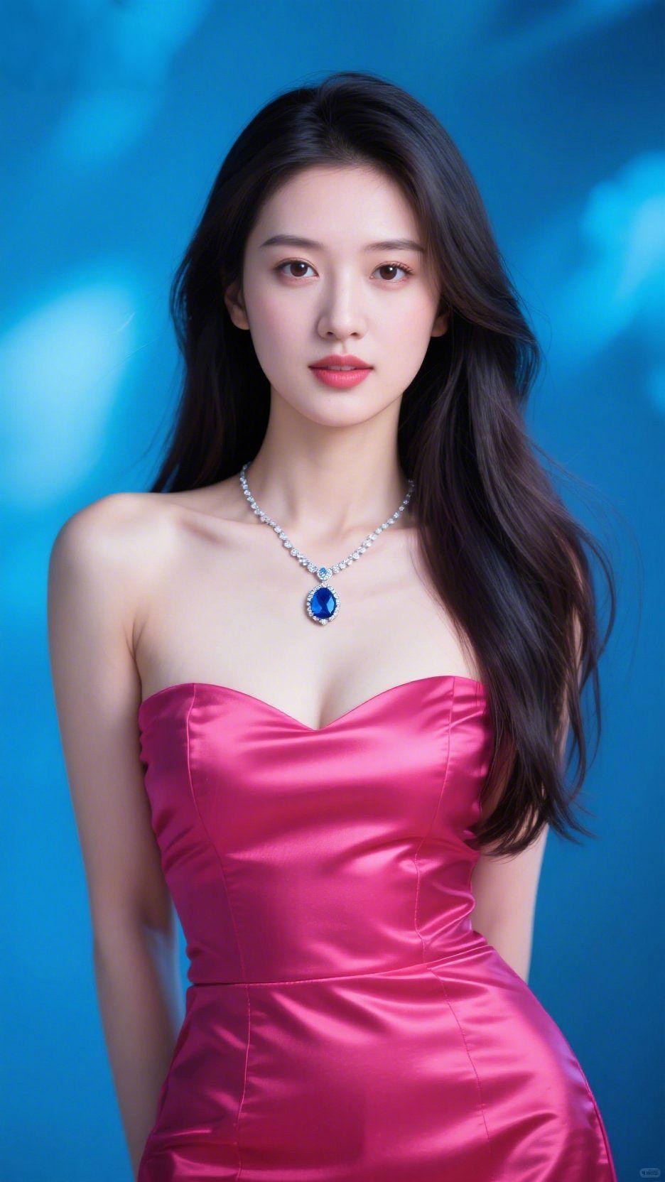 《玫红裙的柔润光泽》冷调蓝境里，玫红缎面裙似晕开的暖光，裹着柔润的质感。长