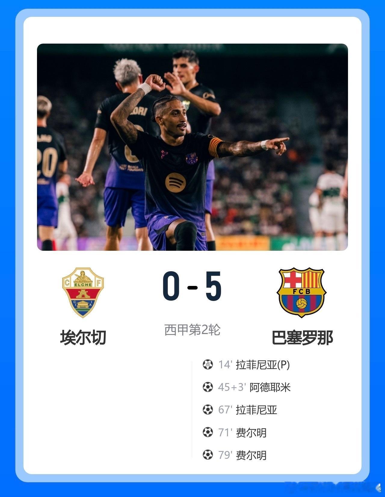 巴萨弗里克拉菲尼亚阿德耶米西甲5-0！巴萨新赛季首战即屠杀，弗里克这套青春风暴能