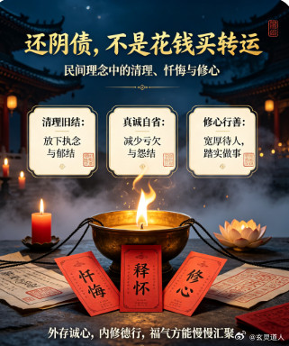 还阴债民俗文化因果感悟民间常说的阴债，也叫受生债。在传统民俗理念中，分为两层含义，一是传说投胎入世之