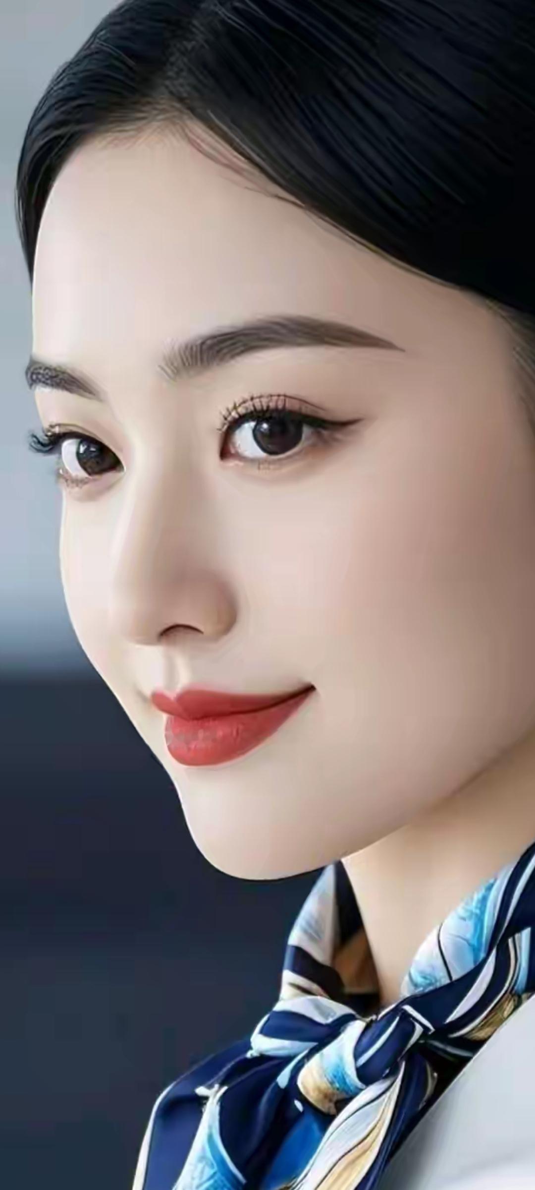 优雅气质，蓝白丝巾，完美妆容，尽显女性魅力。