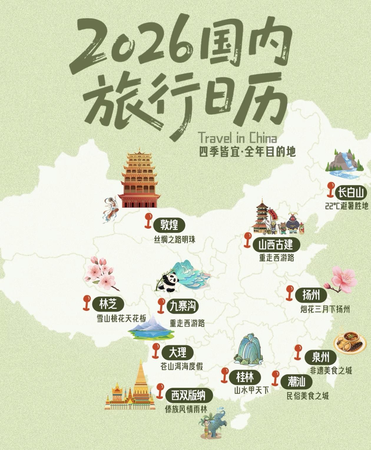 2026国内旅行日历，全年每月最佳旅行目的地推荐！📅