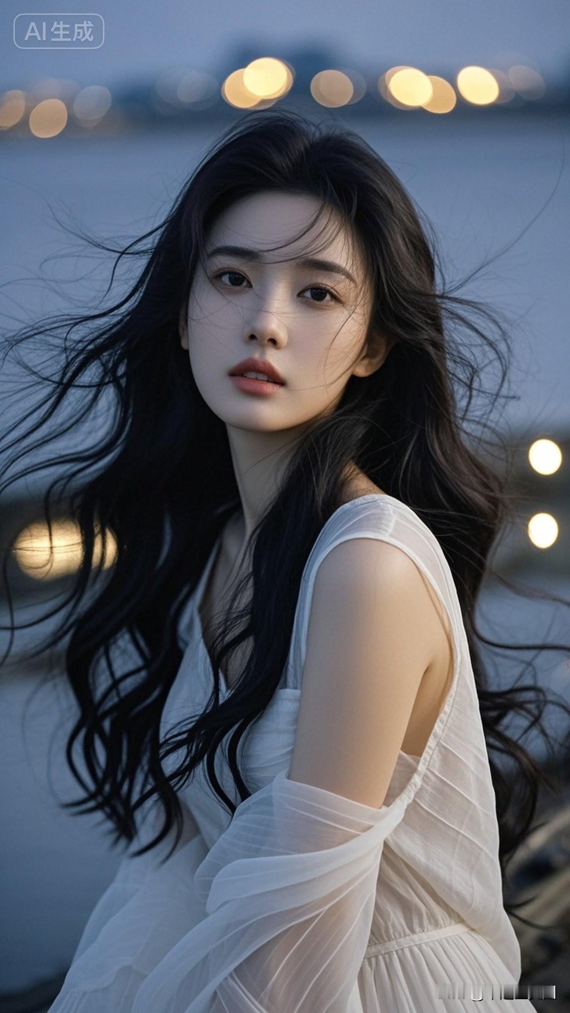 长发美女穿着白裙，夜景背景美极了。