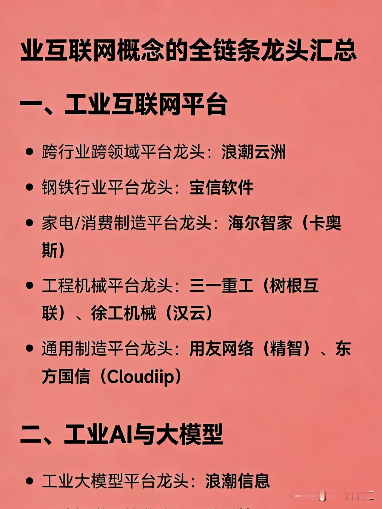 工业互联网概念的全链条汇总一、工业互联网平台跨行业跨领域平台龙头：浪潮云