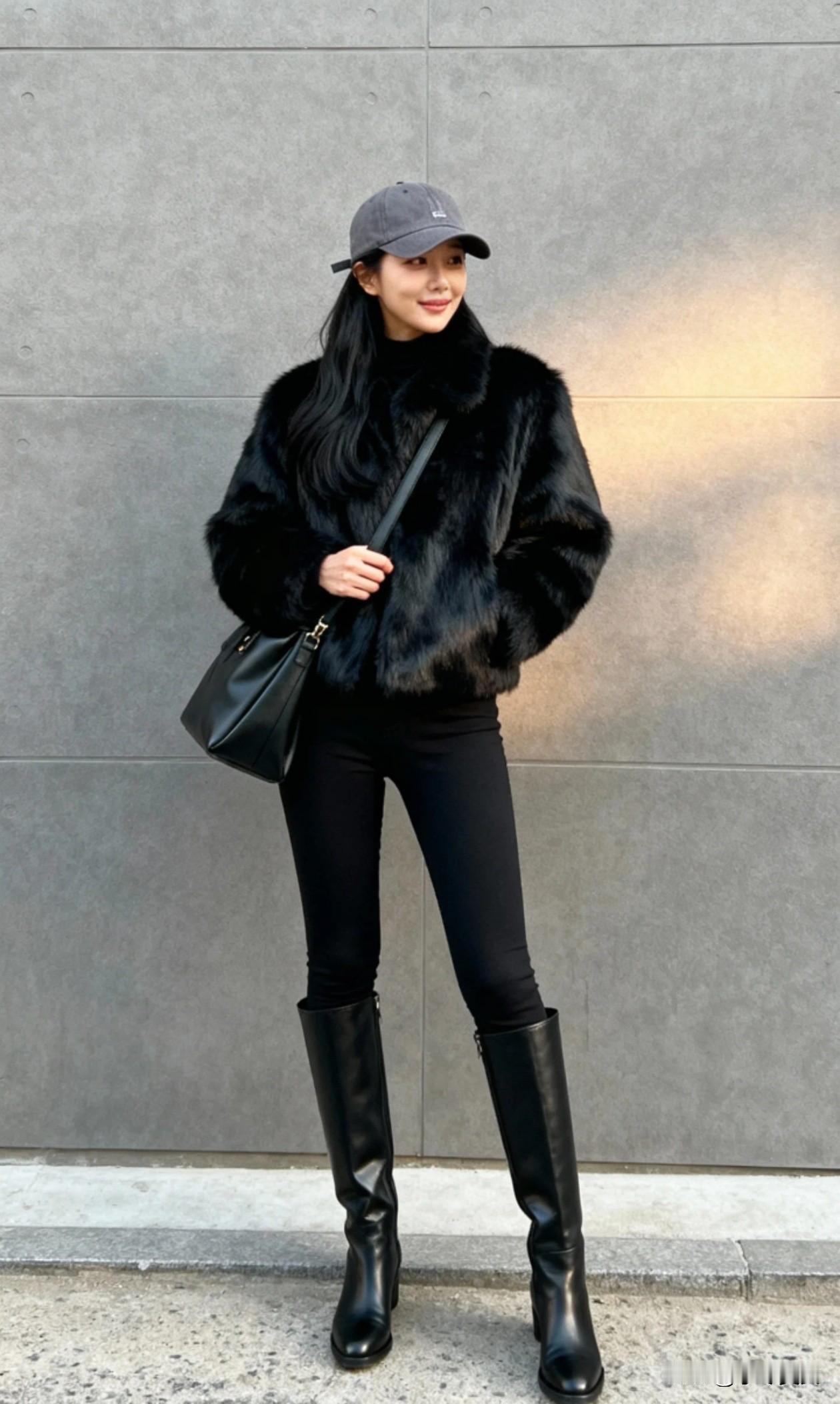 在冷冽的季节里，别让寒风吹散你的优雅与活力！就像这身全黑搭配的精致，每个女人都能