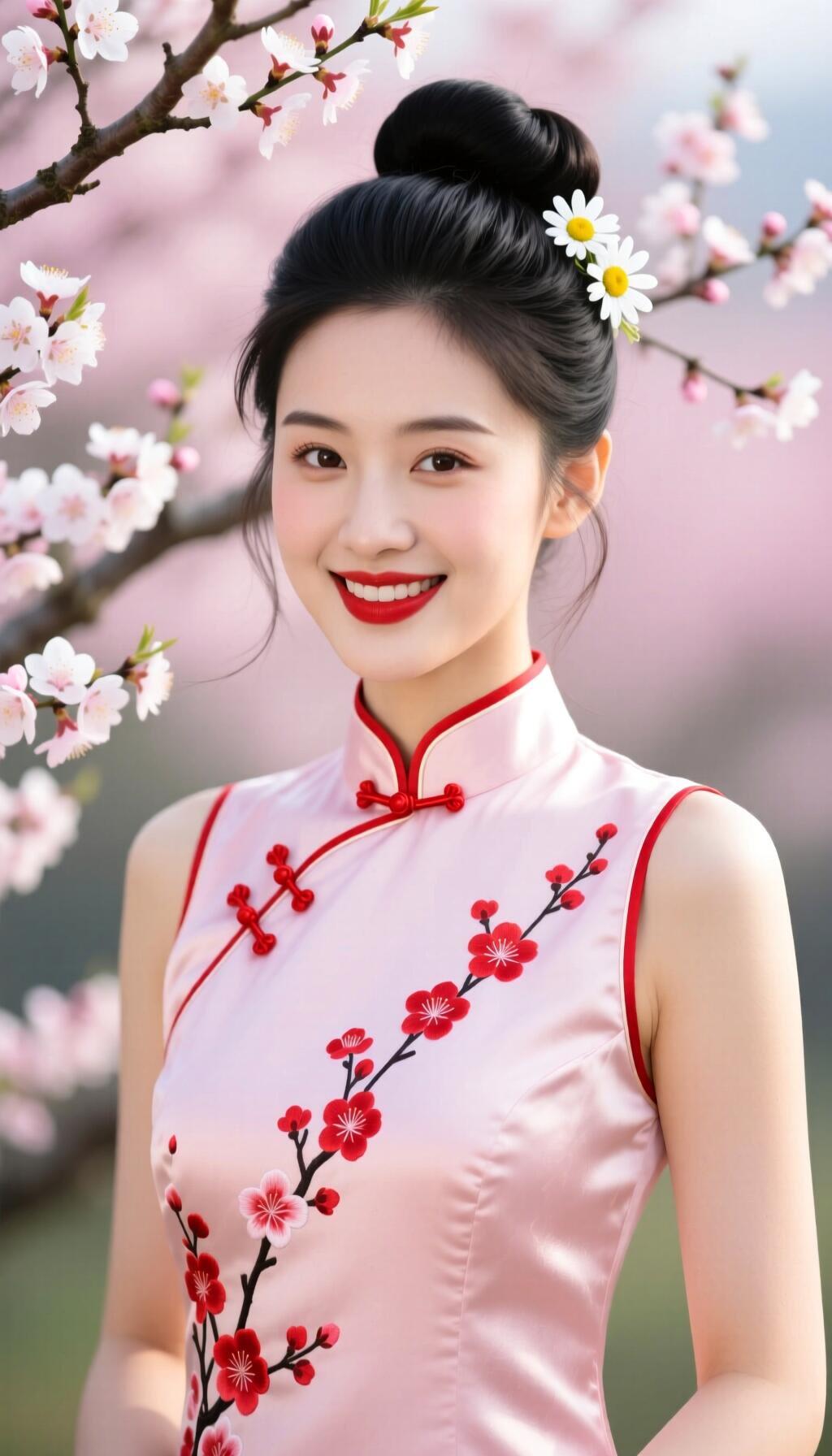 春日少女，花枝招展，笑靥如花