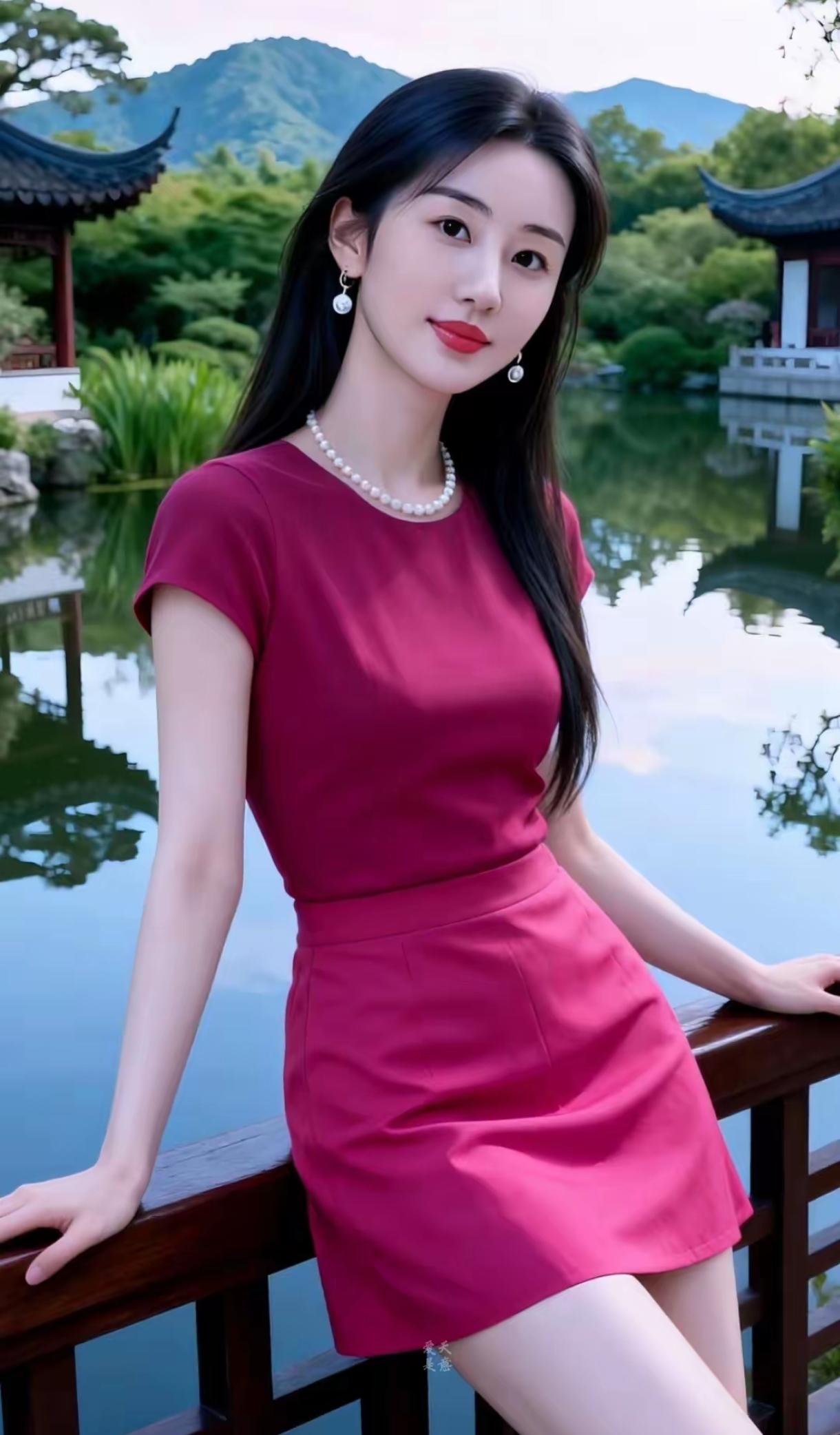 优雅红裙，静享湖畔时光，珍珠配饰，尽显气质。红裙礼服红裙子配饰