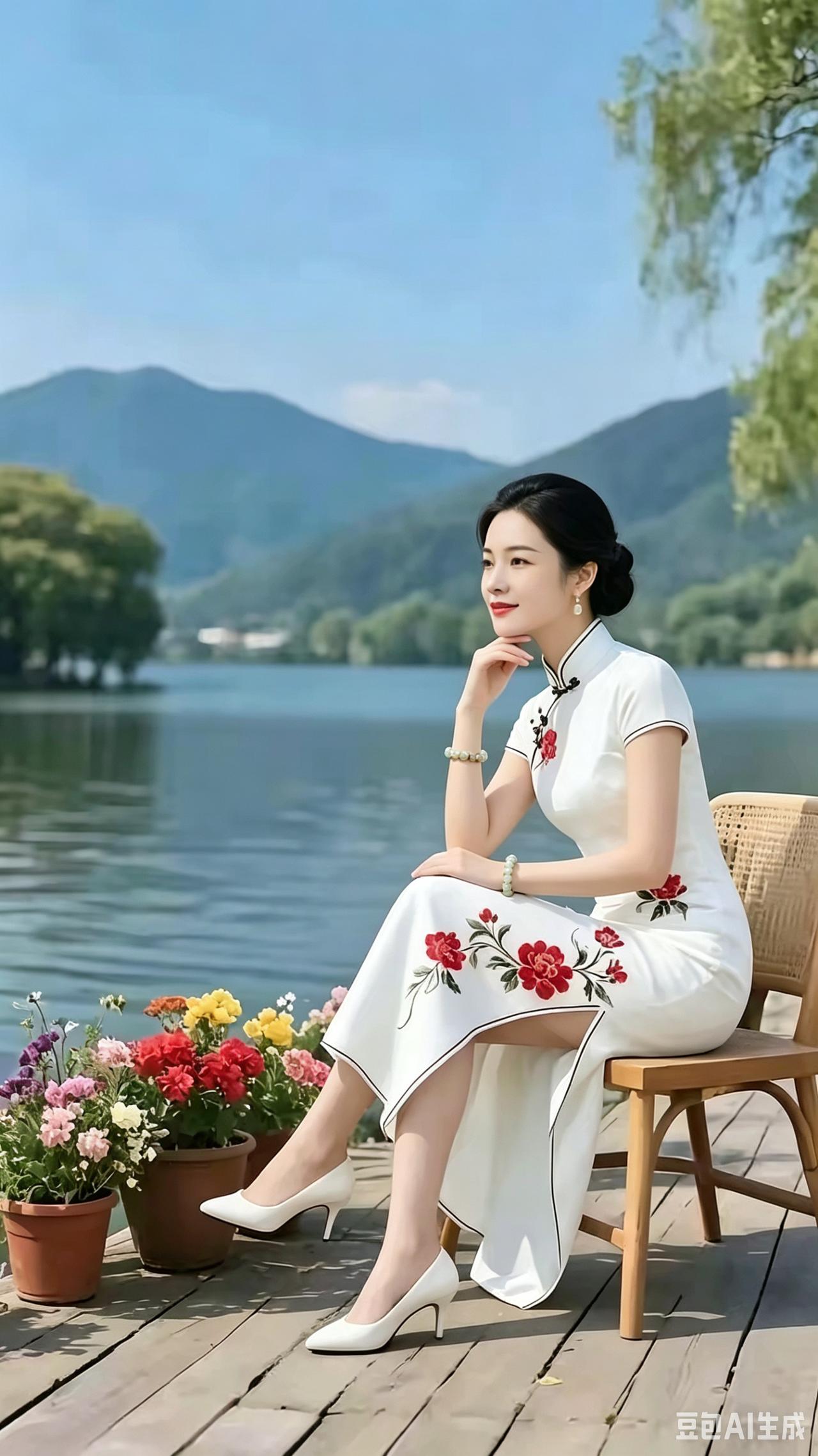 湖边，一位身着旗袍的美人托腮沉思，不妨猜猜她心中所想？正文青山湖风光旖旎，一