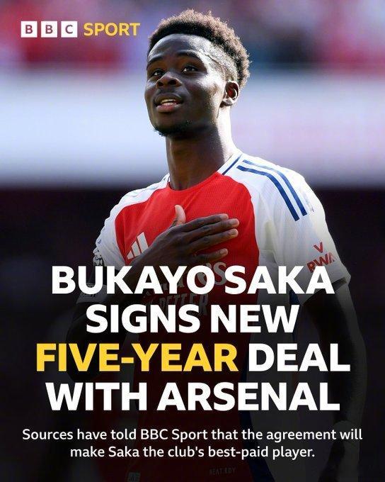 【核心球员敲定新合同】BBC：经过一年的续约谈判，24岁的萨卡将与阿森纳签下一份