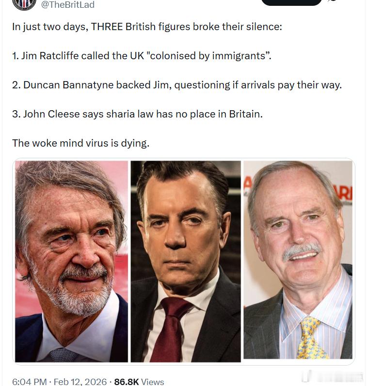 仅仅两天内，三位英国名人打破沉默：1.吉姆·拉特克利夫称英国被“移民殖民”。2