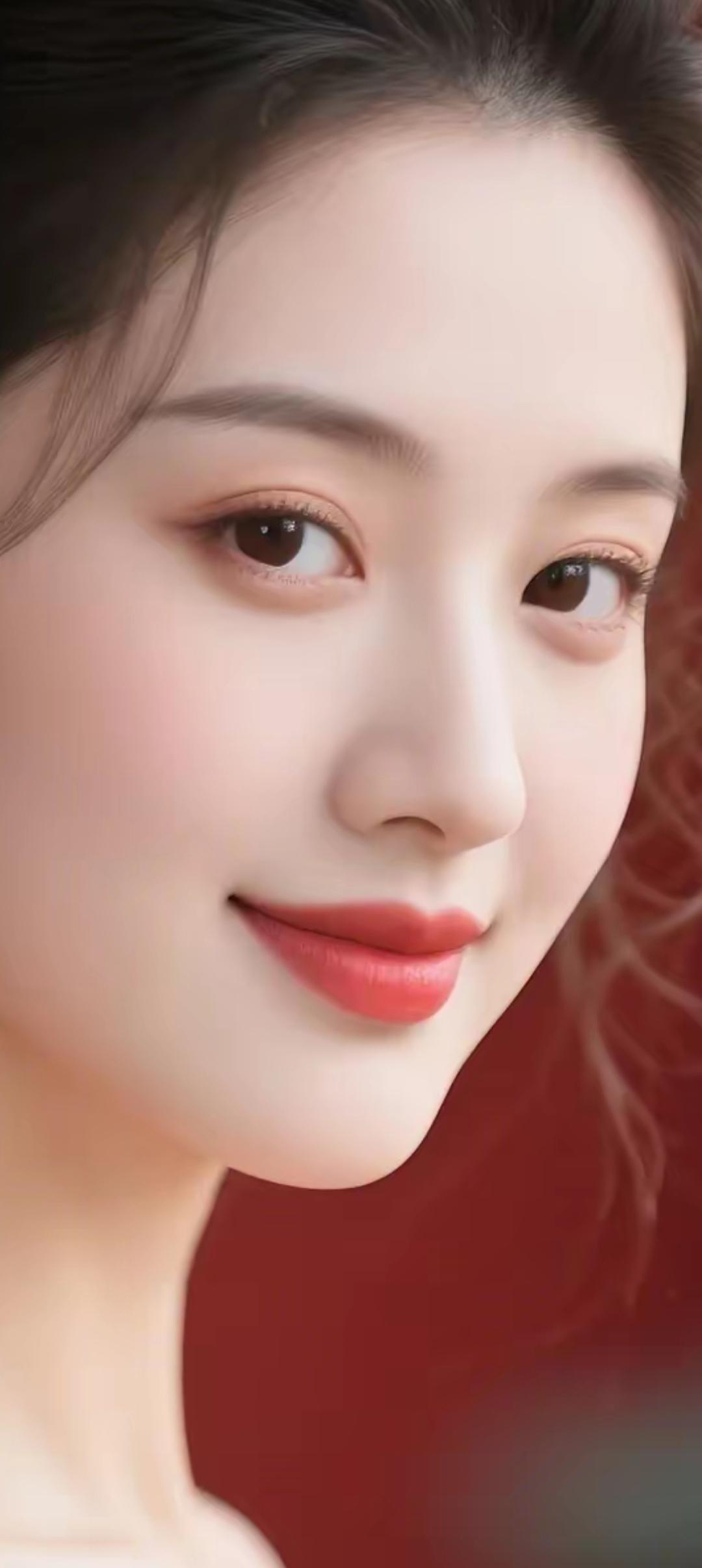 温柔甜美的微笑，红唇轻启，宛如春日里的暖阳。